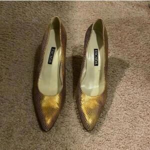Vintage Escada Gold Metallic Snakeskin High Heel Shoes